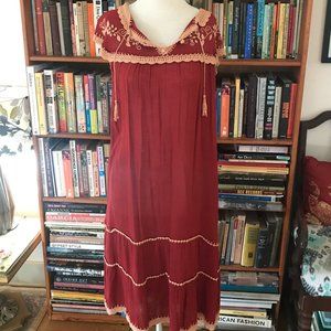 Vintage Boho  1970s  Maroon Gauzy cotton dress with gold Embroidery.